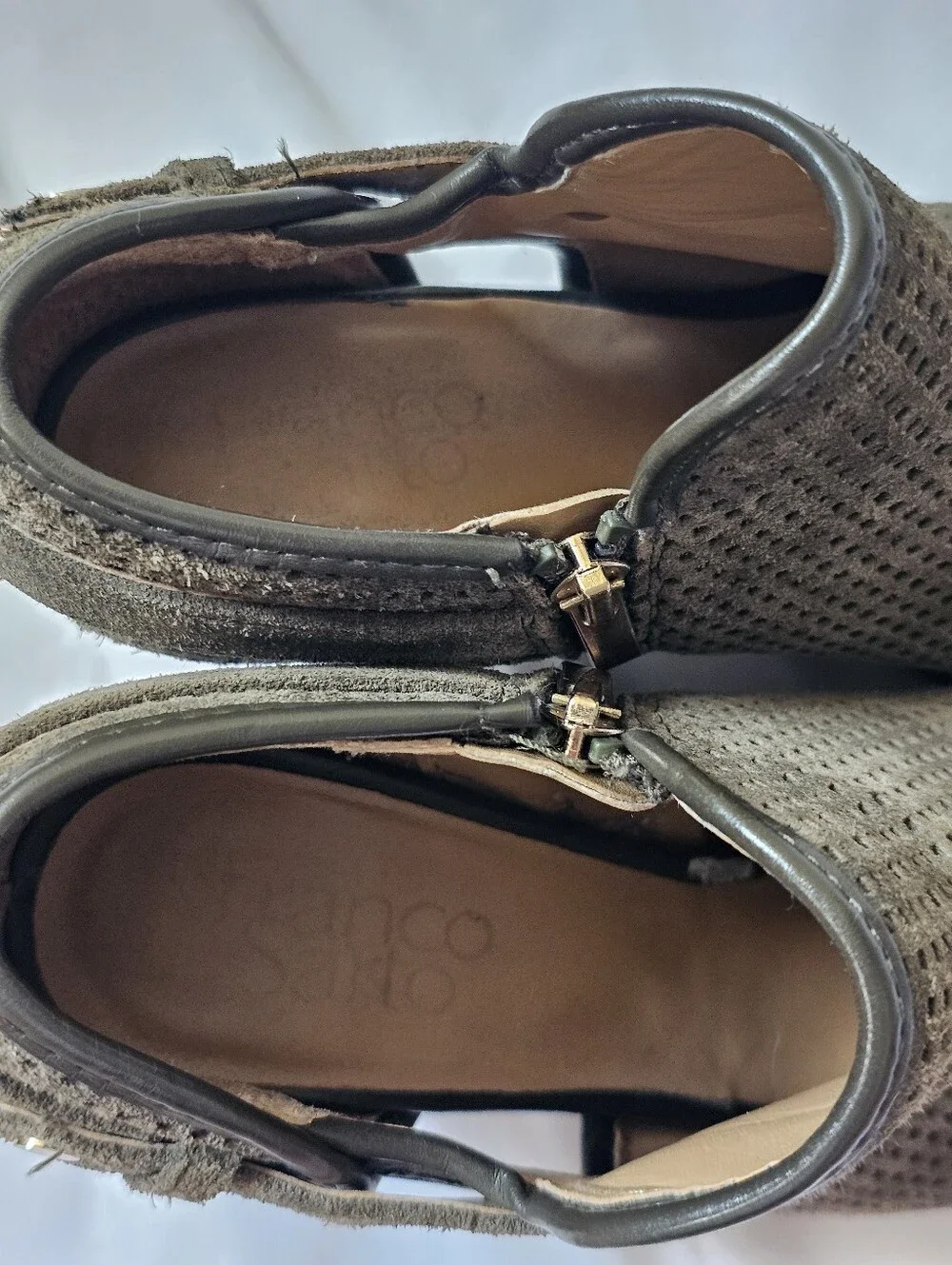 Franco Sarto Olive Suede Perforated Ankle Booties Size 7.5 Block Heel